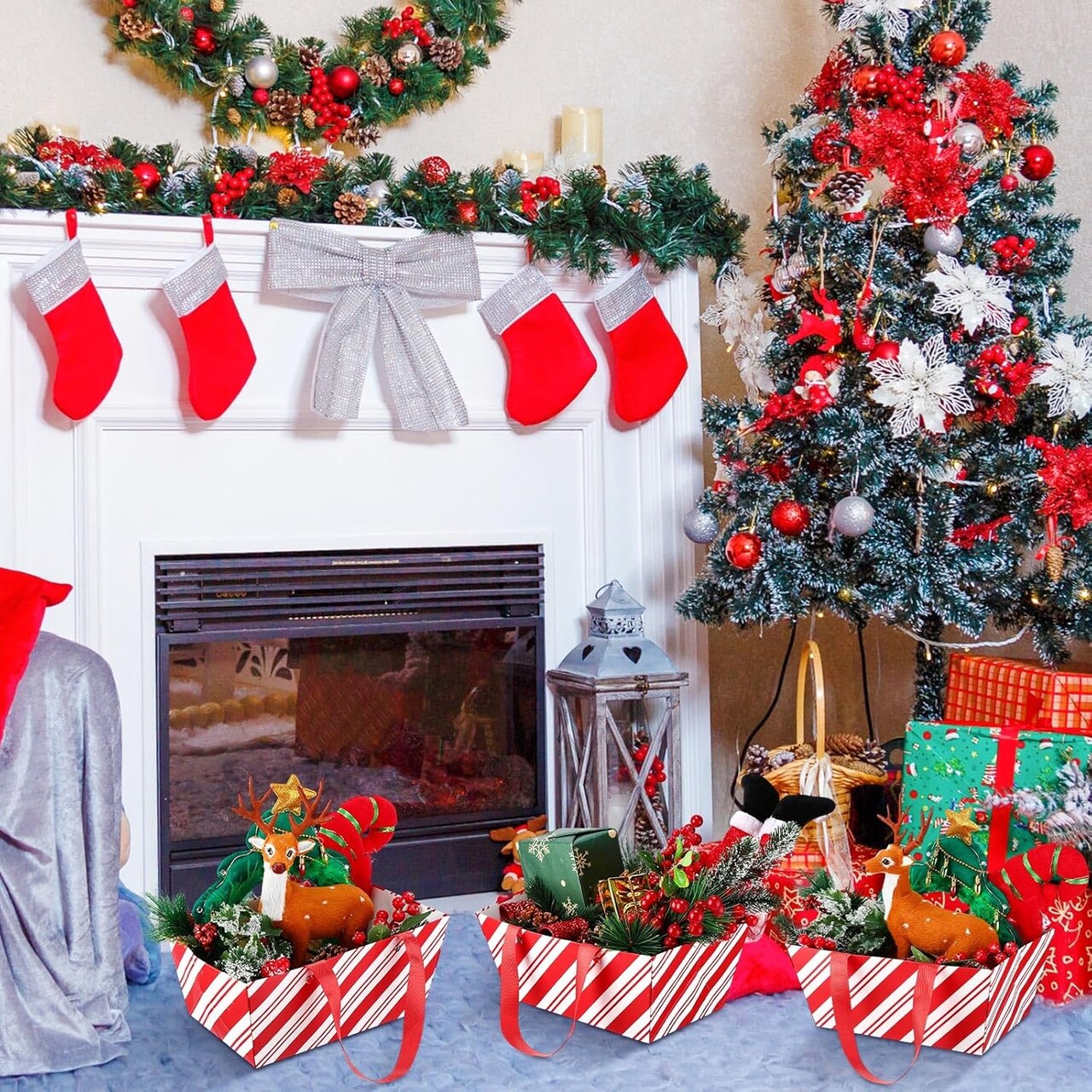 48 Pcs Christmas Basket for Gifts Empty Bulk Red White Candy Cane Design Party Gift Basket Kit with Handle DIY Market Tray for Gift Wrapping Holiday Present Display(9.8 x 6.5 x 4.3 in)